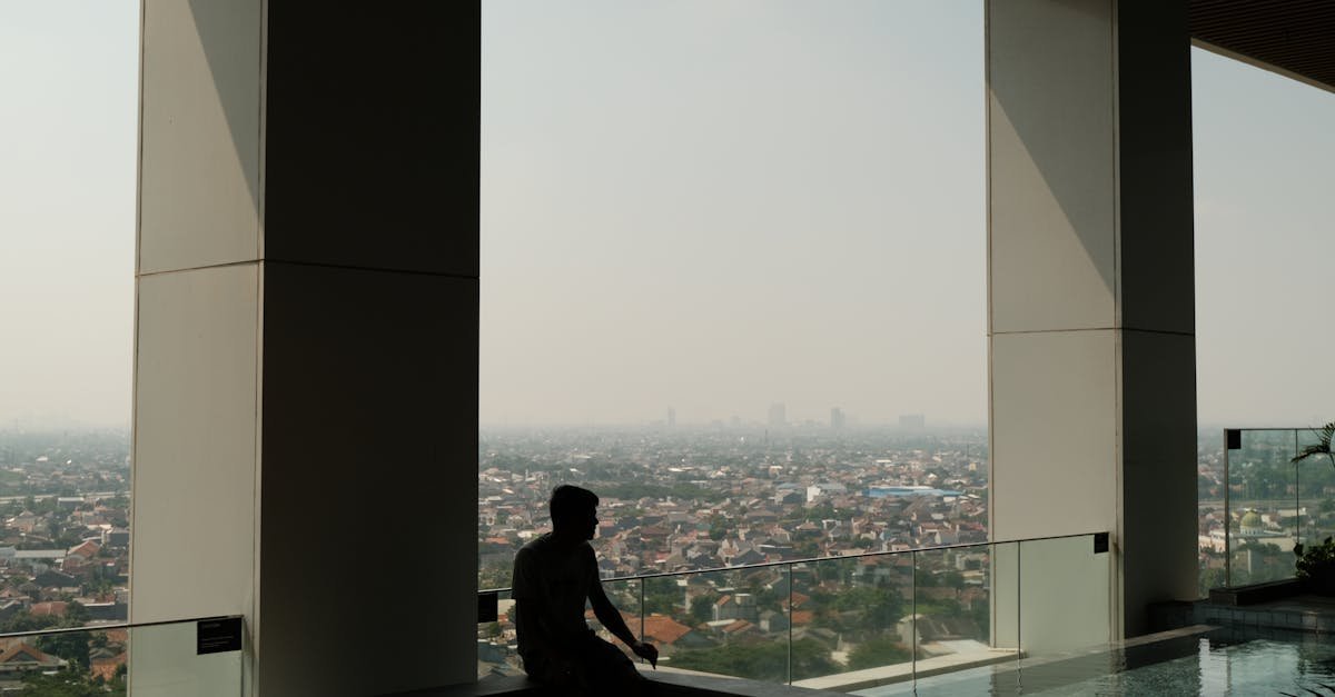 A person silhouetted against cityscape, viewed from a high-rise balcony.