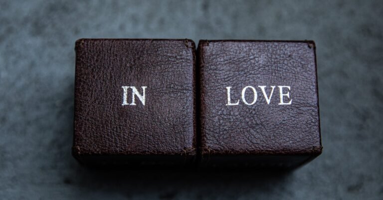 Close-up of two brown leather blocks with the text "In Love" on a dark textured background.