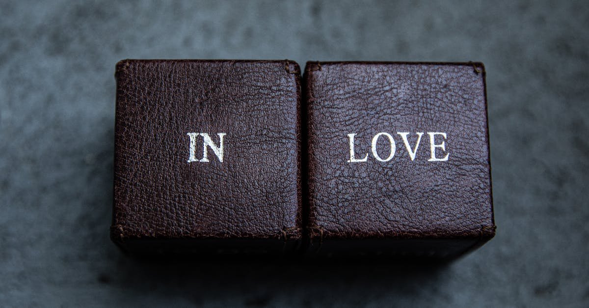 Close-up of two brown leather blocks with the text "In Love" on a dark textured background.